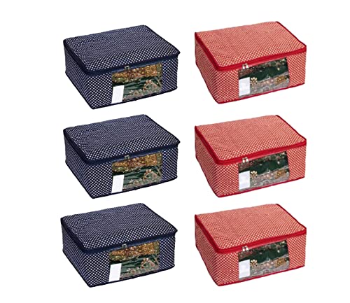Image of Suit Cover Bag | Lehenga Bag | Cotton Saree Cover Closet Orgnizer /Saree Bags for Wardrobe Orgnizer Clothe Covers | Lehenga Cover|Cotton Set (Pack of 6, Blue + Red)