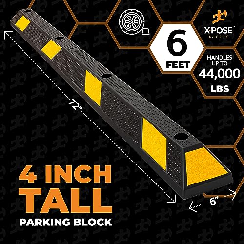 Image of Xpose Safety 72 inch Heavy Duty Rubber Parking Stopper (1 Pack) - Wheel Stop, Parking Lot Bumper & Rubber Parking Curb for Garage, Driveway or Ramp - Car Bumper Stop with Yellow Reflective Strips