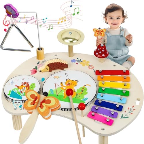 XIAPIA Drum Set for Toddlers 1-3, 11 in 1 Wooden Musical Instrume...