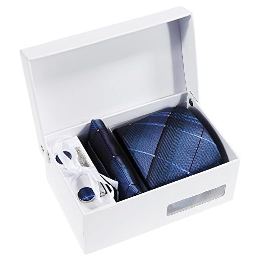 Rovtop Corbatas de Hombre Enrejado Caja Regalo Conjunto con Lazos, Gemelos,Pañuelo, 3 Clips de Lazo, Corbata de Cajas de Regalo de Seda de Simulación Cosidas a Mano (Azul)