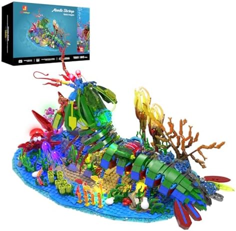 JMBricklayer Mechanical Mantis Shrimp Building Blocks Set with LED Lights Sea Creatures Ocean Animal Model Building Toys with Jellyfish Crabs Coral Reef, Sea Creative Display Gift for Adults Kids 14+