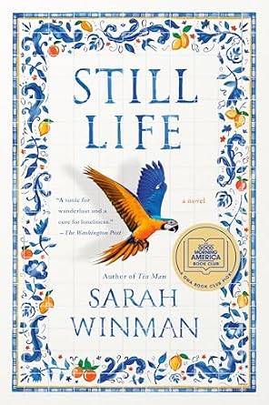 Still Life by Sarah Winman, depicting a yellow and blue parrot flying against a white background with a yellow and blue floral border.