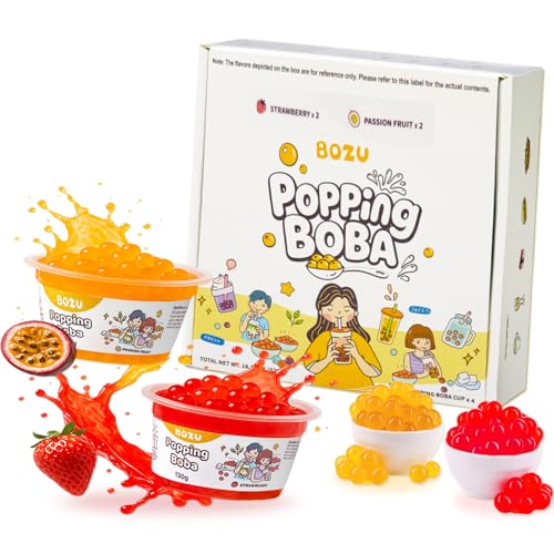 BOZU Popping Boba Pearls – Strawberry & Passion Fruit, Single-Serve Cups, Secure Protective Packaging, Drink & Dessert Topping, 4-Pack (4.6 oz Each)
