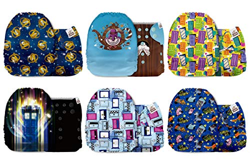 Mama Koala One Size Baby Washable Reusable Pocket Cloth Diapers, 6 Pack with 6 One Size Microfiber Inserts (Magic Portals)