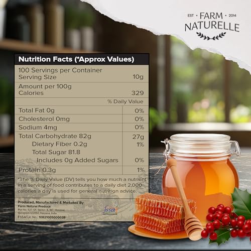 Image of Farm Naturelle - Wild Berry Flora Honey 1kg | 100% Pure, Raw, Natural, Unprocessed & Unheated | Includes 850g + 150g Extra with a Wooden Spoon | Lab-tested Honey in a Glass Bottle