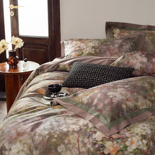 VM VOUGEMARKET Garden Flower Duvet Cover Set Queen,3 Pieces Pink Floral Duvet Cover with 2 Pillow Shams Smooth Silky Long Staple Cotton Bedding Set-Queen,90x90 Inch