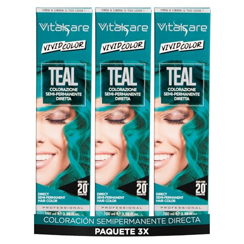 Vitalcare | Vivid, Coloración Semipermanente Profesional, Tinte Directo para el Cabello, Dura hasta 20 lavados, Cabello Suave e Hidratado, Color Verde Azulado, Multipack 3 x 100ml