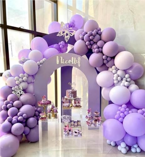 Image of MEBAY Grey Violet Maca Purple Gold Balloons Garland Arch Kit, 146Pcs Latex Balloons Different Sizes 18 12 10 5 Inch for Party Decoration Birthday Wedding Engagements Anniversary Baby Shower