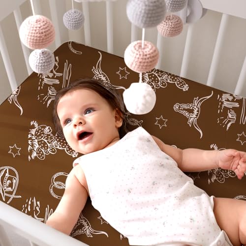 Image of VitalCozy 4 Pcs Vintage Western Cowboy Crib Sheet Set Newborn Bedding Nursery Baby Sheets for Girl Boys Baby Gifts for Standard Crib and Toddler Mattresses, 52 x 28 x 8 Inches