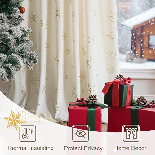 Image of Beauoop Christmas Cream Velvet Curtains 84 Inches Long 2 Panels for Bedroom Living Room Gold Snowflake Holiday Decor Thermal Insulated Room Darkening Rod Pocket Window Treatments Drapes, 52X84