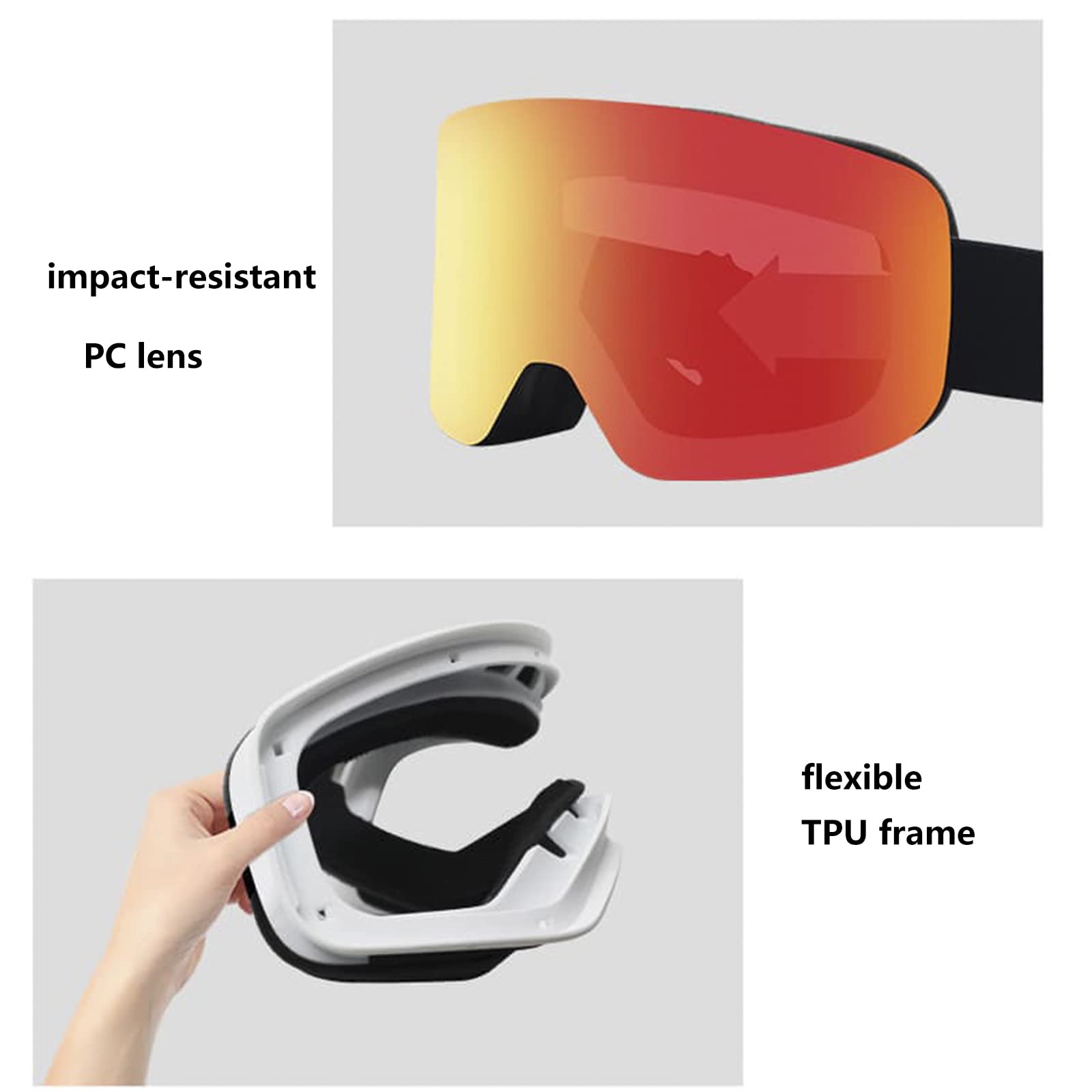 Lunettes de Ski OTG pour Homme et Femme, Masque de Ski Anti-Buée UV Protection, Masque et Lunettes de Ski Moto Skateboard, Compatible avec Casque pour Sports Hiver