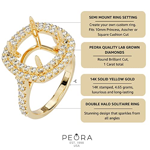 Peora Solid 14K Yellow Gold Solitaire Semi Mount Ring Setting For Women, Fits 10Mm Princess, Asscher Or Square Cushion Cut Stone With Lab Grown Diamonds 1 Carat Total (G-H Color, Vs Clarity), Size 7.5 #TOP4