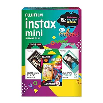 Filme Instax Color 3 Packs com 10 Poses, Fujifilm, Sky Blue, Rainbow e Black