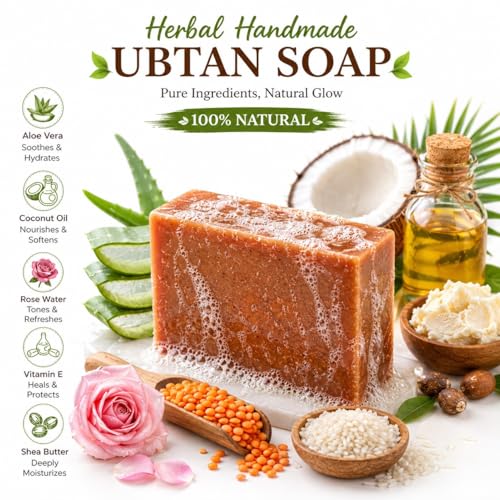 Image of Ubtan Soap Pack of 2 | Natural Scrub With Sandalwood (Chandan) Multani Mitti Honey | Herbal Face and Bath Soap with Exotic Indian Herbs | Tan Removal and Antioxidant Cleanser for Pimple and Dryness, 200gm Each
