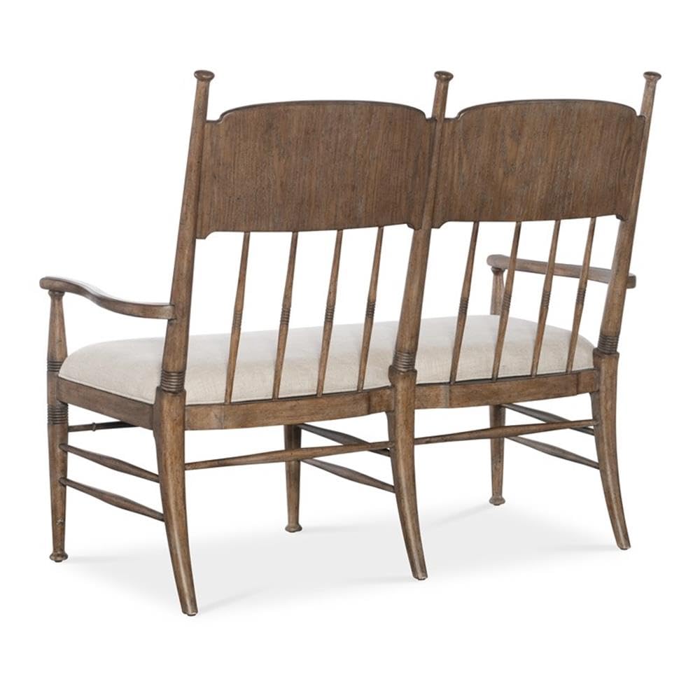 BOWERY HILL Modern Wood Dining Bench, Beige Fabric Seat with Welt Trim, Spindle Back Design, Honey Distressed Oak Finish, 50 in Width, Versatile Kitchen or Dining Room Seating.