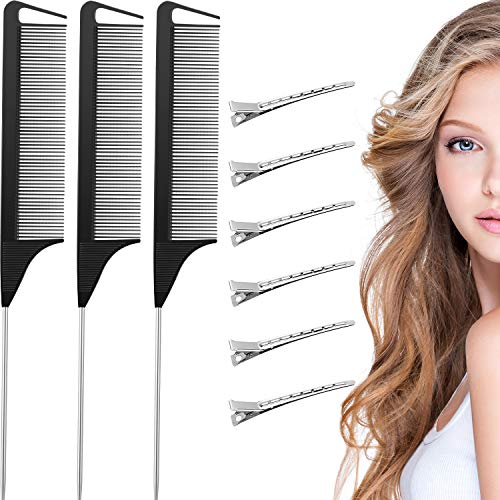 3 Pieces Rat Tail Hair Comb Pintail Comb Carbon Fiber Teasing Comb Stainless Steel Parting Comb and 6 Pieces Metal Alligator Curl Clip Duckbill Clip for Salon Barber Hairdressing Styling Tools (Black)