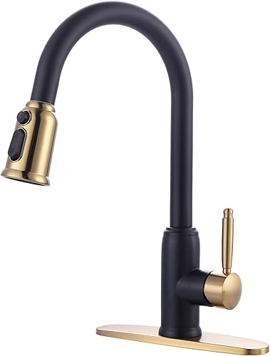 Grifo de cocina de oro negro con rociador: WOWOW Grifo de fregadero de cocina de acero inoxidable 304 para 1 o 3 agujeros, llave mezcladora de arco