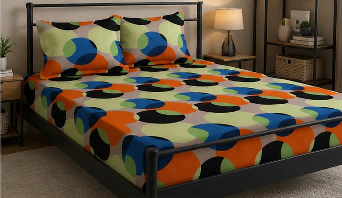 Image of Jashan 210 TC Glace Cotton Circle Design Multi Printed Cotton Bedsheet with Pillow Cover - Soft & Breathable Single Bed Sheet 72x78x10 Inche