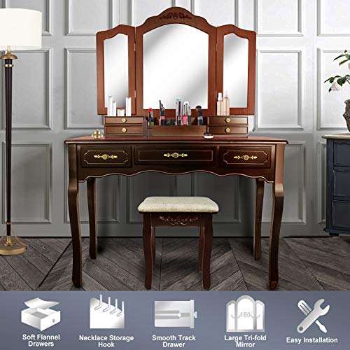 ENSTVER Vanity Beauty Station,Large Tri-Folding Necklace Hooked Mirrors,6 Organization 7 Drawers Makeup Dress Table with Cushioned Stool Set - Espresso