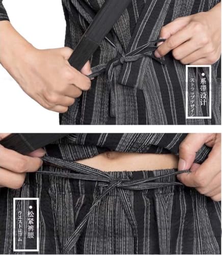 ZEALMAX Kimono Japanese Jinbei Shirt Pant Cotton Linen Loungewear Spa Bathrobe Casual Clothing for Home Vacation, Black with White Line4