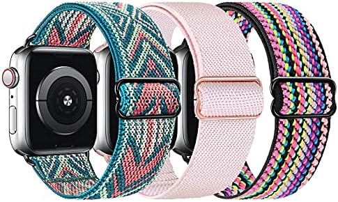 Stretchy Nylon Straps Compatible with Apple Watch Strap 38mm 40mm 41mm 42mm 44mm 45mm 49mm, Adjustable Braided Sport Solo Loop Replacement Band for iWatch Series Ultra 8 7 6 SE 5 4 3 2 1, 3 Packs
