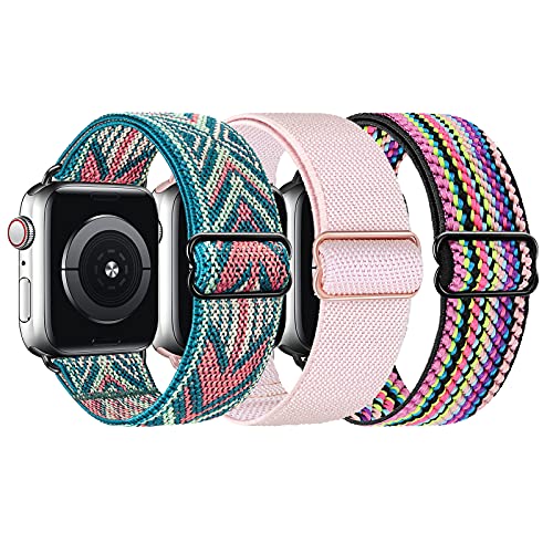 Stretchy Nylon Straps Compatible with Apple Watch Strap 38mm 40mm 41mm 42mm 44mm 45mm 49mm, Adjustable Braided Sport Solo Loop Replacement Band for iWatch Series Ultra 8 7 6 SE 5 4 3 2 1, 3 Packs