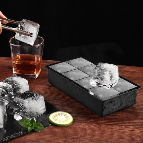 Image of 1PECK Large Ice Cube Tray with Lid, 8 Grid Stackable Big Silicone Square Ice Cube Mold for Whiskey Cocktails Bourbon Soups Frozen Treats, Easy Release BPA Free(Black) (1PCS Black -8 Grid)