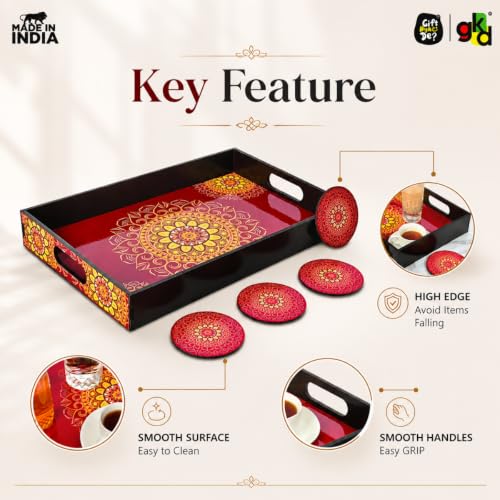 Image of GKD Serving Tray Set for Serving | Premium MDF Tea Coffee | Red Mandala Art