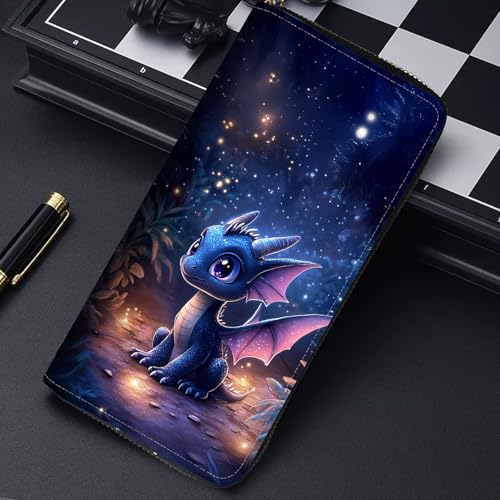 Image of RFID Blocking Leather Wallet for Women - Large Capacity Zip Around Clutch with 8 Card Slots,30 Cash Pockets & Coin Zipper,Cute Baby Dragon