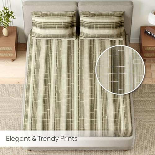 Image of haus & kinder Elastic Bedsheet for King Size Bed|144 TC Pure Cotton Elastic Fitted King Size Bedsheet with 2 Pillow Covers (72x78x10 Inches)-Green Linear Muse Green