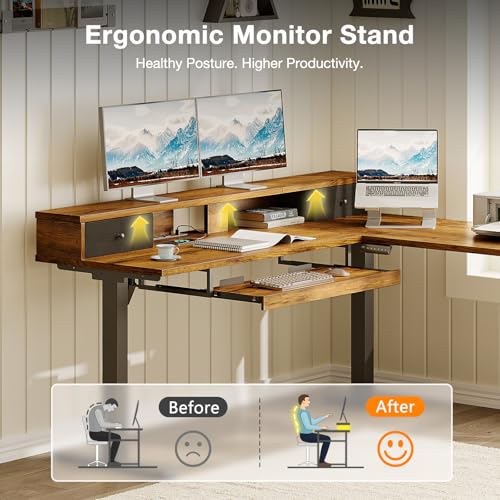 Image of Casaottima 59 Inch Electric L-Shaped Standing Desk with Drawers, Height Adjustable Stand Up Corner Desk with Monitor Stand & Keyboard Tray, Lift Table for Home Office, Workstation, Rustic Brown