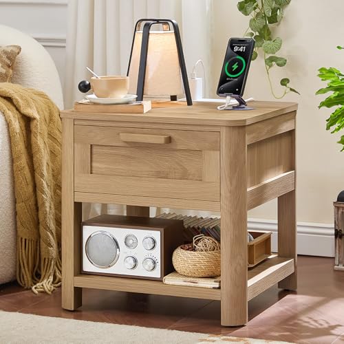 Image of Joaxswe Farmhouse Side Table Set of 2 Living Room, Small Night Stand with 1 Drawers & Open Shelving & 4 Thickened Table Legs, Natural Wood