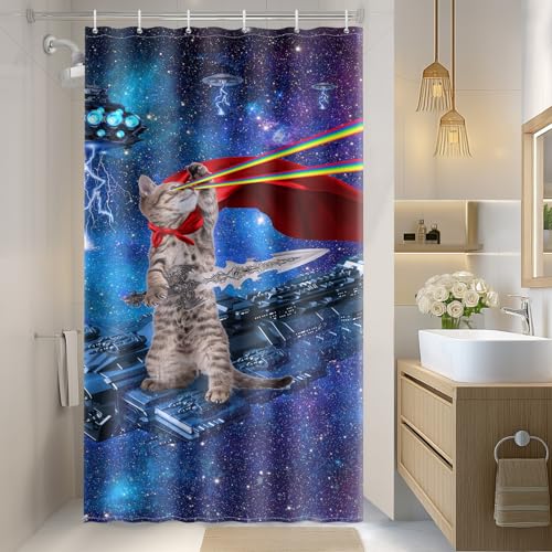 Image of Aimego Stall Small Shower Curtain - Funny Cool Cute Cat on Fantasy Outer Space Galaxy Universe UFO Narrow Half Fabric Cloth Shower Curtain Set for Bathroom Decor Accessories Bath Curtain, 36 inchx72 inch