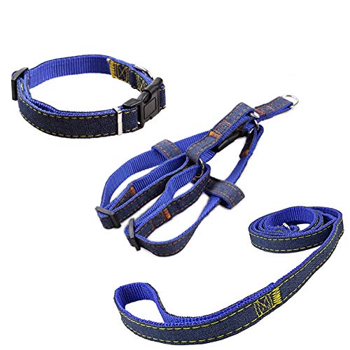 Newtensina Moda cane Imbracatura collare and guinzagli Set confortevole Panno di jeans cucciolo Imbracatura collare con guinzagli per cane - Blue - M
