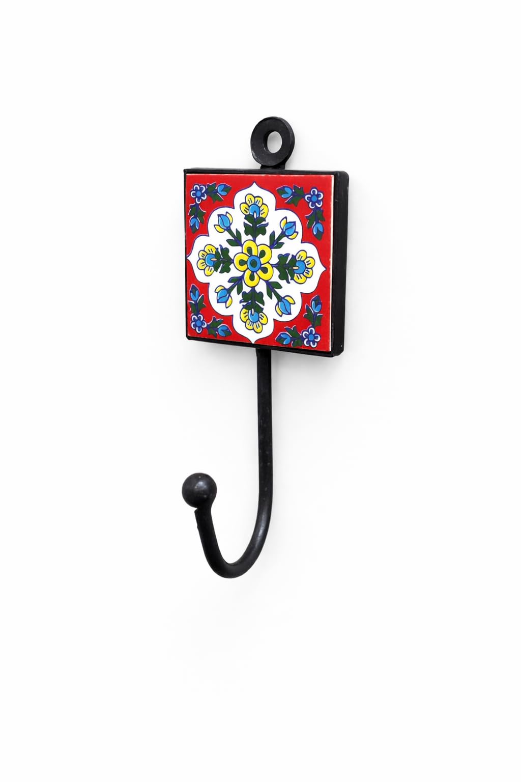 DIWAM HANDICRAFTS Hand-Painted Floral Square Tile Wall Hook | Polyresin Decorative Single Key/Coat Hanger for Home Kitchen Bathroom, Pack of 2-image-31