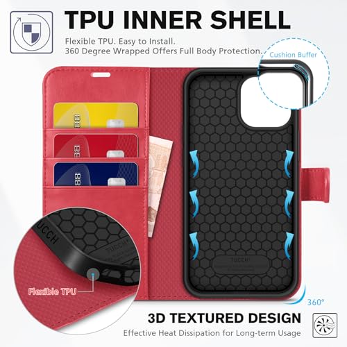 Image of TUCCH Wallet Case for iPhone 13 (6.1 inch) 2021, 3 Card Slots, Red | RFID Blocking, Viewing Stand, Shockproof TPU Shell, PU Leather, Magnetic Closure, Protective Folio Flip Cover