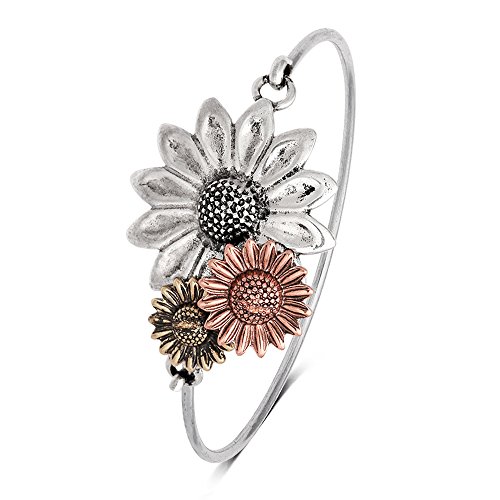 NOUMANDA Antique Gold Silver and Copper 3 Sunflower Magnetic Eyeglass Holder Brooch and Bangle