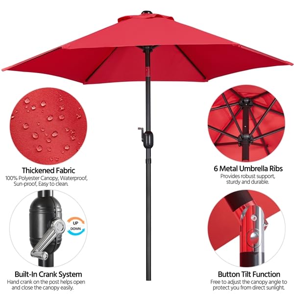 Yaheetech Parasol przeciwsłoneczny, ogrodowy, Ø 230 cm, parasol balkonowy z 6 żebrami, okrągły, ochrona przed słońcem, na taras, na balkon, czerwony