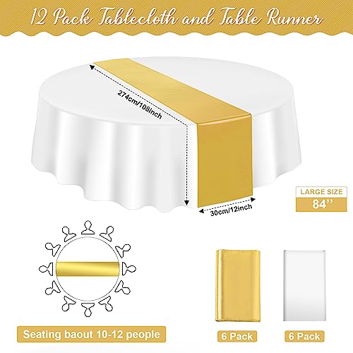 Image of 12 Pack 12x108 Inch Satin Table Runner and 84 Inch Round Plastic Tablecloths Set White and Gold Disposable Round Table Cover for Graduation Wedding Bridal Shower Anniversary Birthday Party Decorations