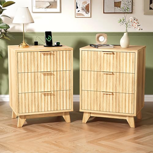 Image of VINGLI Fluted Nightstands Set of 2 with Charging Station, 3 Drawer Nightstand Oak Night Stand for Bedroom, Modern Nightstands Set of 2, Fluted Bedside Table /End Table /Side Table, 2 pcs