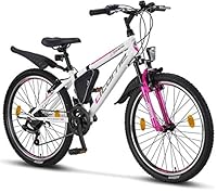 Licorne Bike Guide Premium Mountainbike in 20, 24, 26, 27.5 und 29 Zoll Fahrrad für Mädchen Jungen Herren und Damen (24 Zoll, Weiß/Rosa)