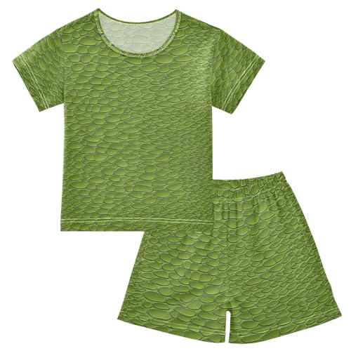 ALAZA Green Crocodile Animal Pajamas Set Short Sleeve Cotton Sleepwear Summer Pjs 2 Piece 5-14Y