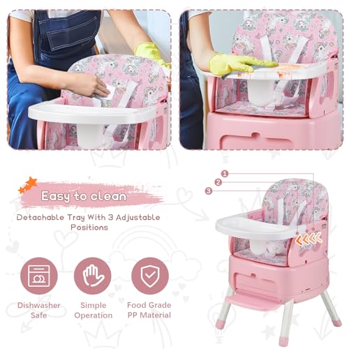 4 in 1 Portable Baby High Chair,Convertible Highchair for Babies & Toddlers-Foldable Infant Booster Seat,Carry Small Box,Dining Chair,Toddler High Chair with 5-Point Harness,Removable Tray-Pink
