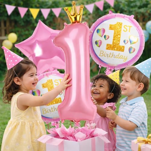 Image of 1st Birthday Foil Balloon Set Pink Number 1 Crown Balloon with Star and Round 1st Birthday Balloons for Baby Girl First Birthday Party Decoration - Pack of 5