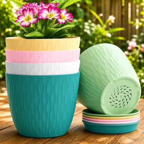 Image of Leafly Plastic Round Flower Pots with Drainage Hole Saucers | Durable Outdoor Indoor Wave Pattern Planter with Tray, Plant Container for Garden, Office, Balcony and Home (5PCS, UNIC Wave Multicolour)