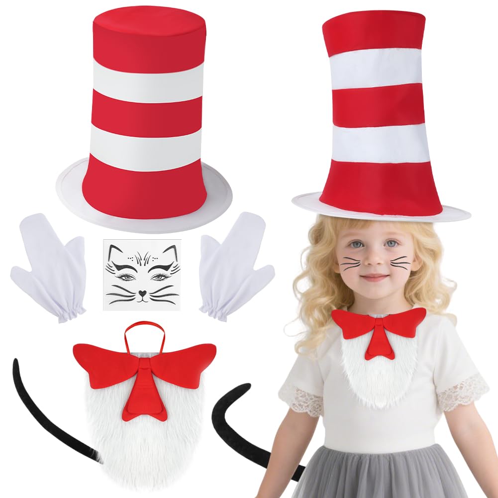 AUYAO Adult Child Halloween Crazy Cat Fancy Dress Costume 6 Pcs Set With White Gloves Red Bow Tie White Scarf Red And White Striped Hat Black Tail Tattoo Patch World Book Day Cat in the Hat Accessory