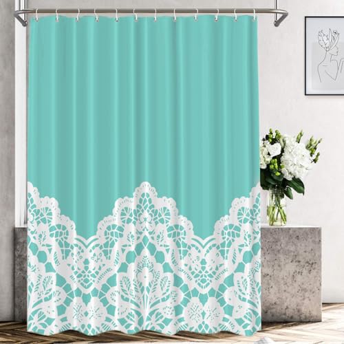 Shrahala Turquoise Robin's Egg Blue Decorative Shower Curtain, White Floral Bathroom Décor Polyester Fiber Waterproof with Plastic Rings for Shower Stall Bathtubs 72 x 72 in