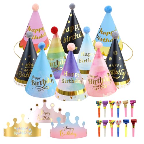 QSZHSL 25 Piezas Sombreros de Fiesta, Corona de Papel de Fiesta, Sombreros Cono Fiesta de Cumpleaños Juego de Sombreros de Fiesta, Sopladores de Fiesta, para Fiestas de Cumpleaños