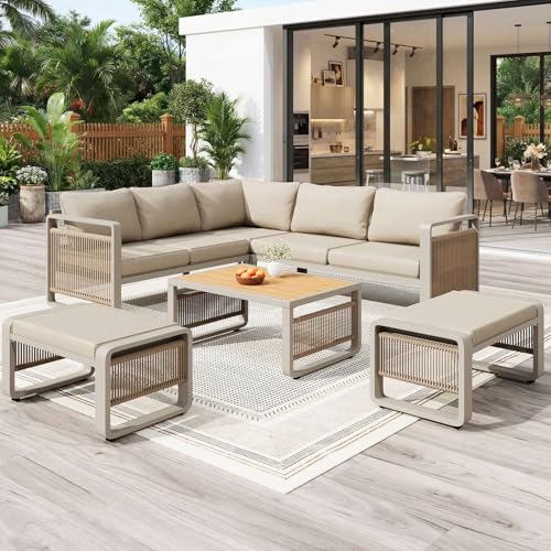 EURHCIO Salon de Jardin Exterieur Tressées à La Main 6/7 Personnes,Table Basse avec 2 Canapés 2 Places,Fauteuil,2 Tabourets Rembourré,Coussins,Pieds...
