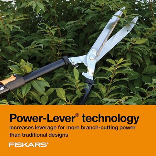 Fiskars Power-Lever Extendable Hedge Shears, Self-Sharpening Serrated Steel Blades for Clean Cuts, Handles Adjust 25"-33" for High Reach, Multiplies Leverage for 2x Power, 10" Blades, Orange/Black by Fiskars - Image 2